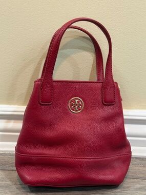 Tory Burch Cherry Red Pebbled Leather Mini Tote with Gold Logo